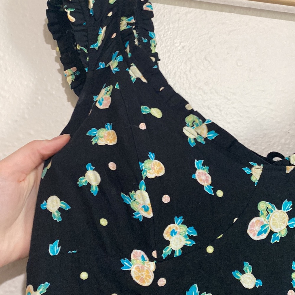 FREE PEOPLE Like a Lady Linen Citrus Novelty Printed Mini Dress Ruffle Tie Back - Picture 9 of 11